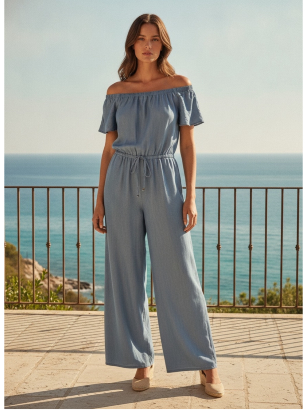 Appraisal Off-The-Shoulder Denim-Look Lyocell Jumpsuit Size M (19” PTP)